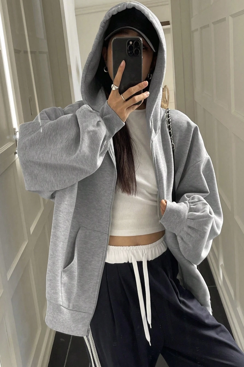 Kadın Renk Bloklu Bağcıklı Yaka Termal Astarlı Kapşonlu Sweatshirt, Uzun Kollu Üstler Model 5196