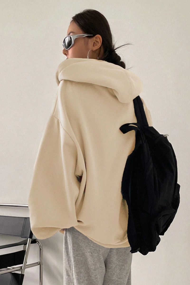 Kadın Renk Bloklu Bağcıklı Yaka Termal Astarlı Kapşonlu Sweatshirt, Uzun Kollu Üstler Model 5196