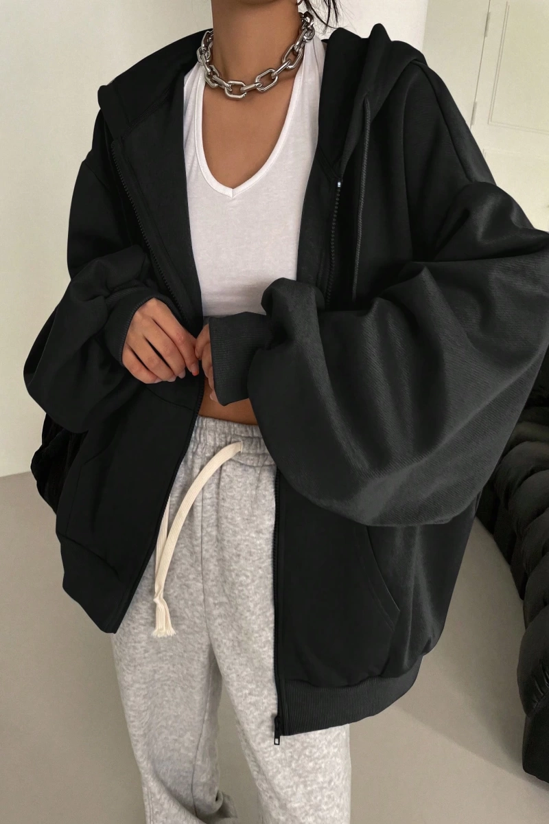 Kadın Renk Bloklu Bağcıklı Yaka Termal Astarlı Kapşonlu Sweatshirt, Uzun Kollu Üstler Model 5196