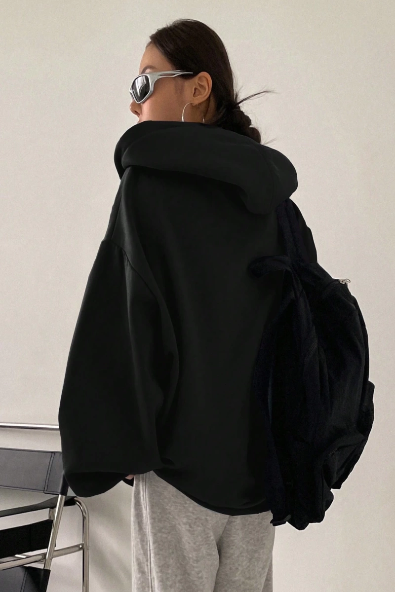 Kadın Renk Bloklu Bağcıklı Yaka Termal Astarlı Kapşonlu Sweatshirt, Uzun Kollu Üstler Model 5196