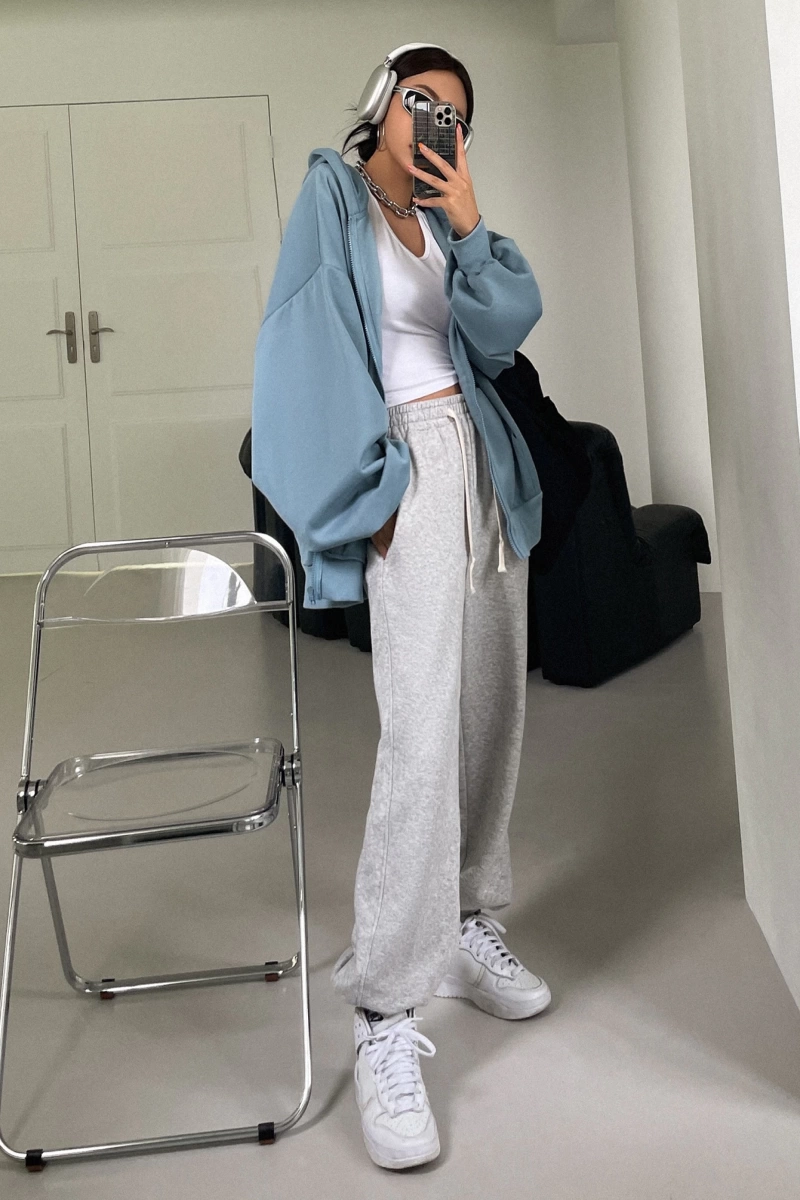 Kadın Renk Bloklu Bağcıklı Yaka Termal Astarlı Kapşonlu Sweatshirt, Uzun Kollu Üstler Model 5196