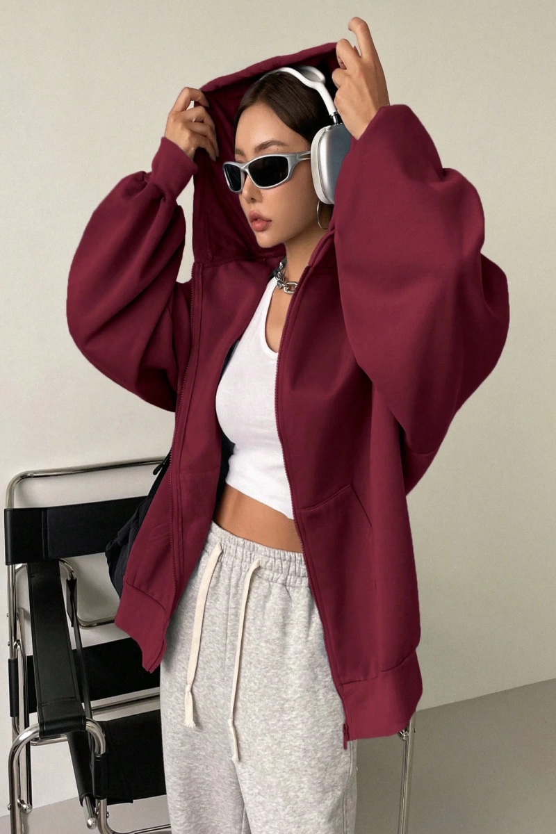 Kadın Renk Bloklu Bağcıklı Yaka Termal Astarlı Kapşonlu Sweatshirt, Uzun Kollu Üstler Model 5196