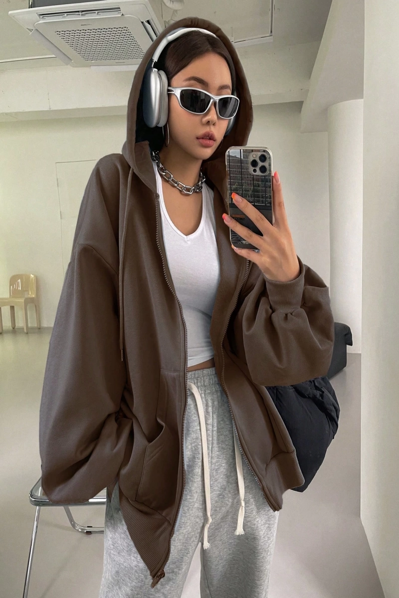 Kadın Renk Bloklu Bağcıklı Yaka Termal Astarlı Kapşonlu Sweatshirt, Uzun Kollu Üstler Model 5196
