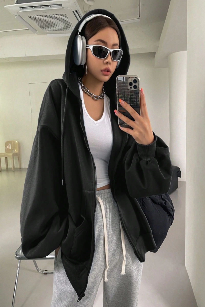 Kadın Renk Bloklu Bağcıklı Yaka Termal Astarlı Kapşonlu Sweatshirt, Uzun Kollu Üstler Model 5196