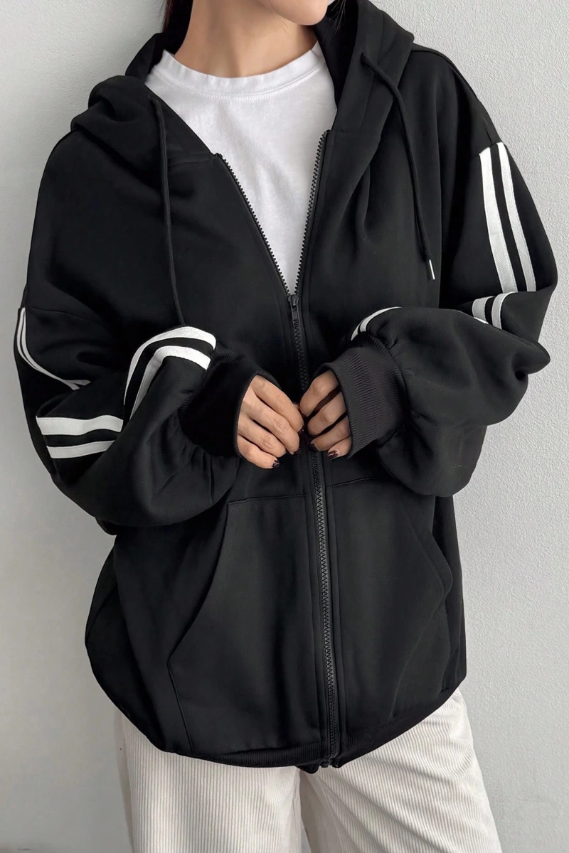 Kadın Renk Bloklu Bağcıklı Yaka Termal Astarlı Kapşonlu Sweatshirt, Uzun Kollu Üstler Model 5196
