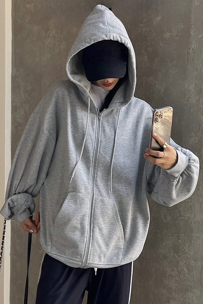 Kadın Renk Bloklu Bağcıklı Yaka Termal Astarlı Kapşonlu Sweatshirt, Uzun Kollu Üstler Model 5196