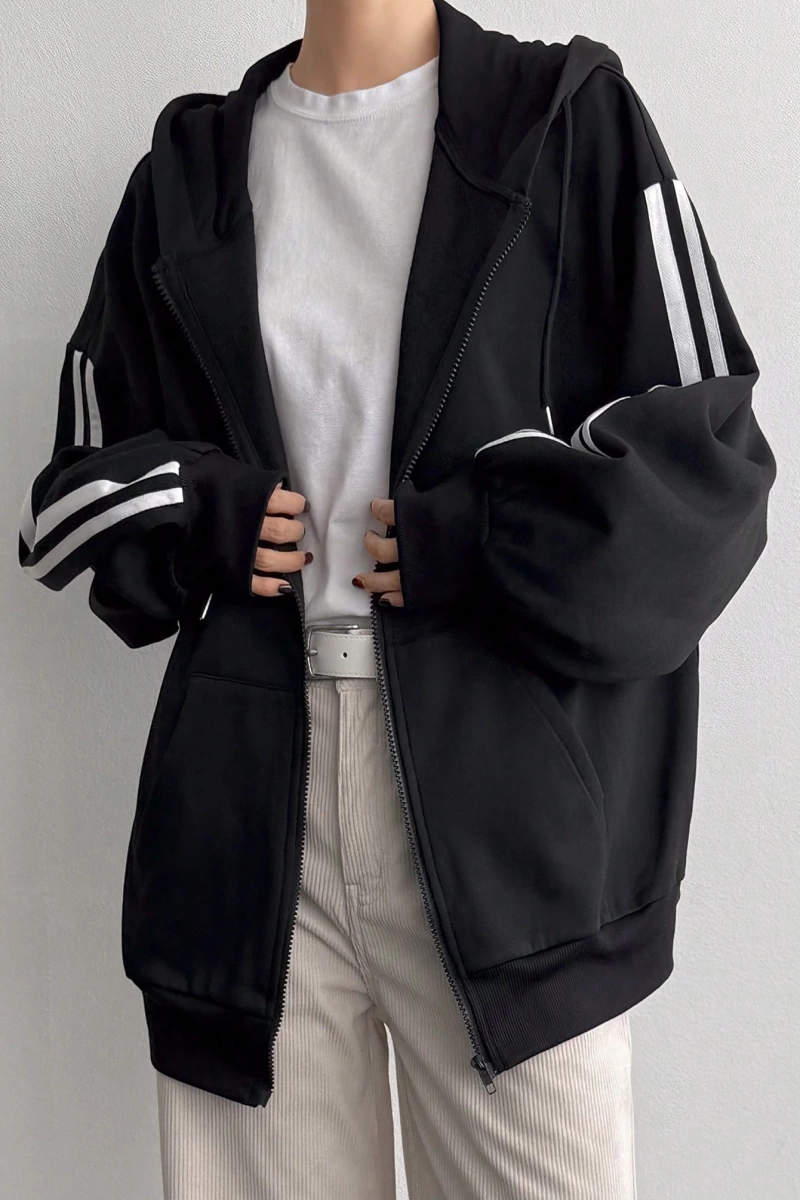 Kadın Renk Bloklu Bağcıklı Yaka Termal Astarlı Kapşonlu Sweatshirt, Uzun Kollu Üstler Model 5196