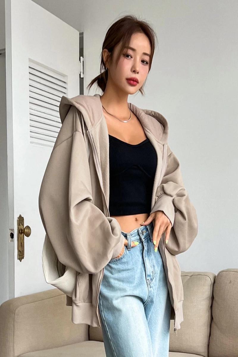 Kadın Renk Bloklu Bağcıklı Yaka Termal Astarlı Kapşonlu Sweatshirt, Uzun Kollu Üstler Model 5196