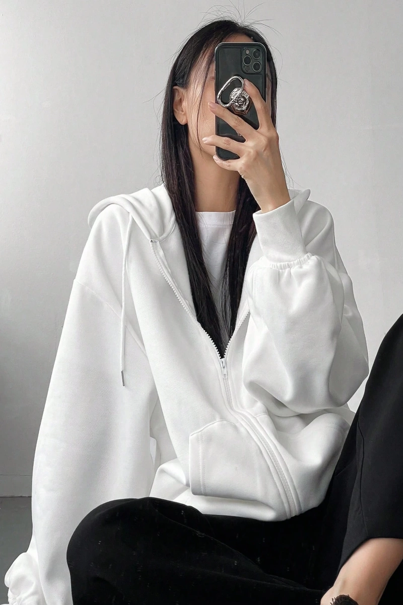 Kadın Renk Bloklu Bağcıklı Yaka Termal Astarlı Kapşonlu Sweatshirt, Uzun Kollu Üstler Model 5196