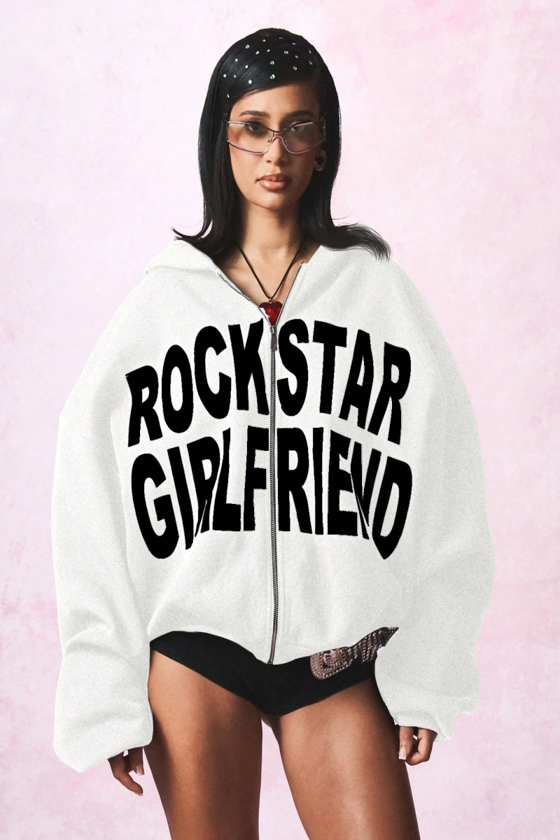 KADIN Rockstar Girlfriend Tam Fermuarlı Kısa Kapüşonlu Üst Cesur Sokak Giyimi Y2K Este Model 5202