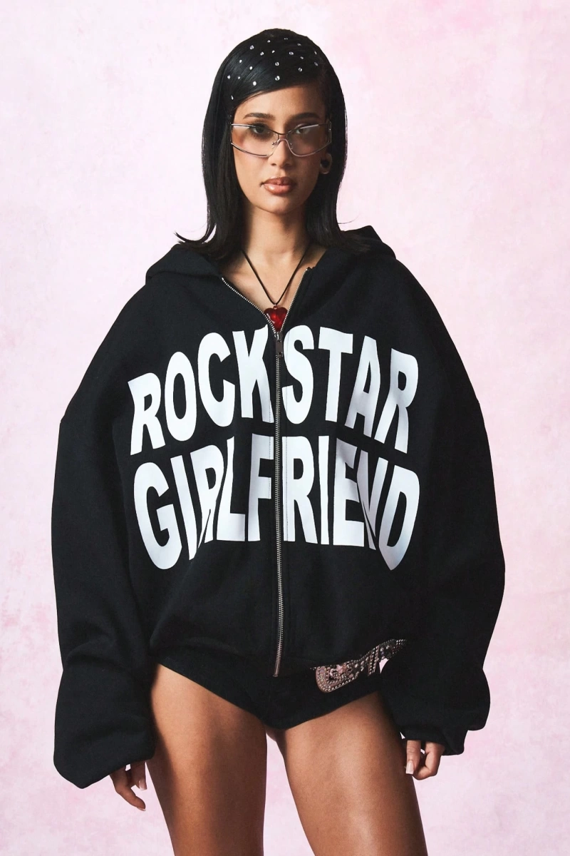 KADIN Rockstar Girlfriend Tam Fermuarlı Kısa Kapüşonlu Üst Cesur Sokak Giyimi Y2K Este Model 5202