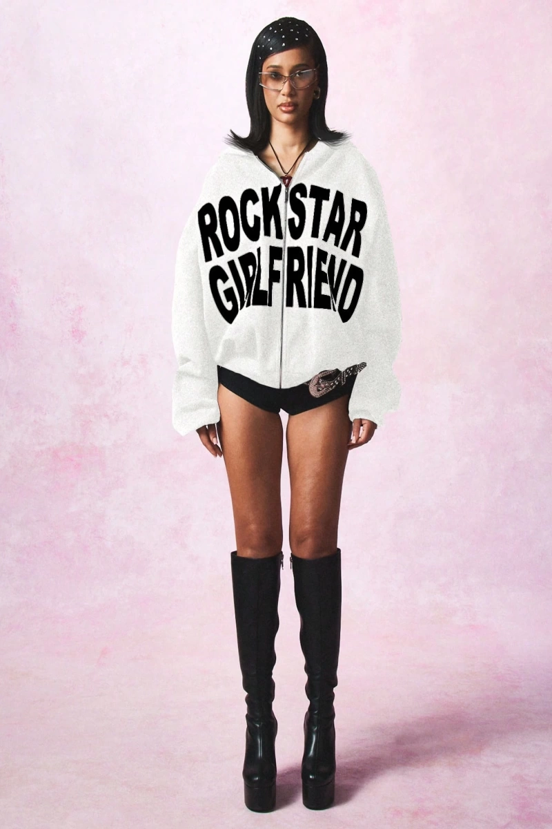 KADIN Rockstar Girlfriend Tam Fermuarlı Kısa Kapüşonlu Üst Cesur Sokak Giyimi Y2K Este Model 5202