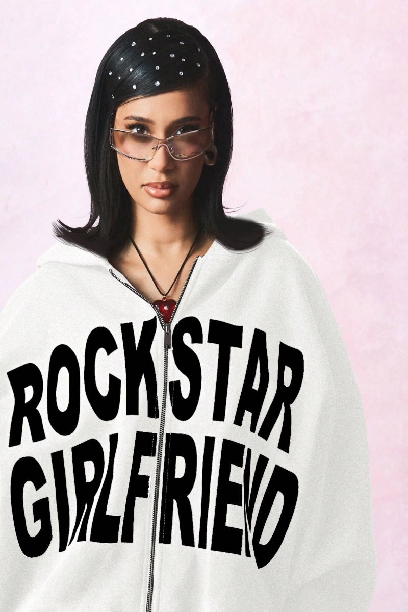KADIN Rockstar Girlfriend Tam Fermuarlı Kısa Kapüşonlu Üst Cesur Sokak Giyimi Y2K Este Model 5202