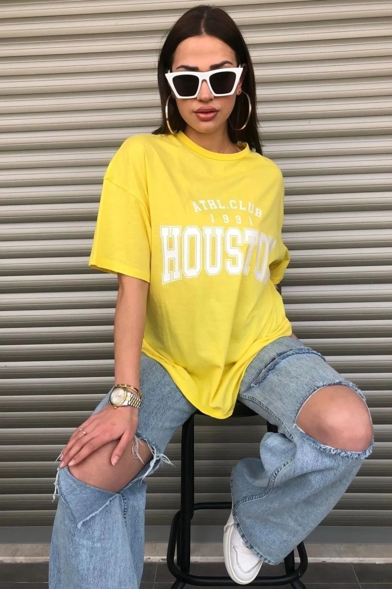 Kadın Sarı Houston Baskılı Oversize T-shirt