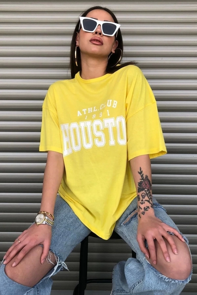 Kadın Sarı Houston Baskılı Oversize T-shirt