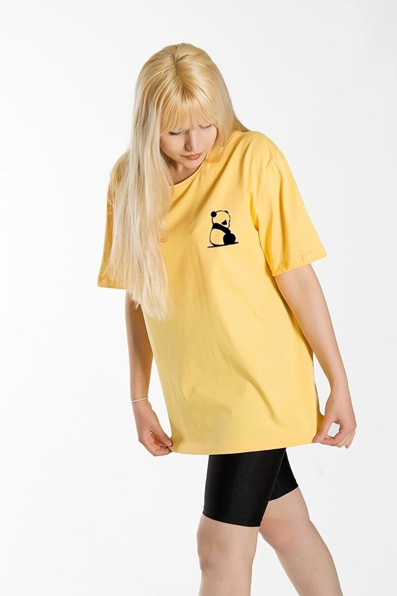 Kadın Sarı Önü Panda Baskılı Bisiklet Yaka Oversize Pamuklu T-shirt