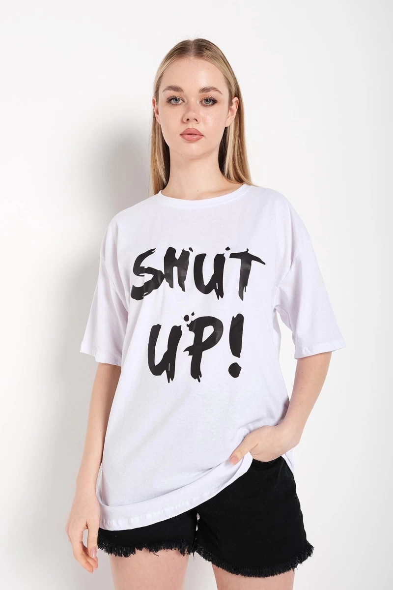 Kadın Shut Up Beyaz Baskılı Oversize Tshırt