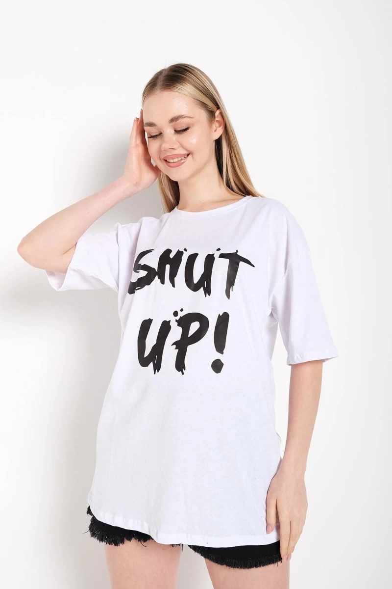 Kadın Shut Up Beyaz Baskılı Oversize Tshırt
