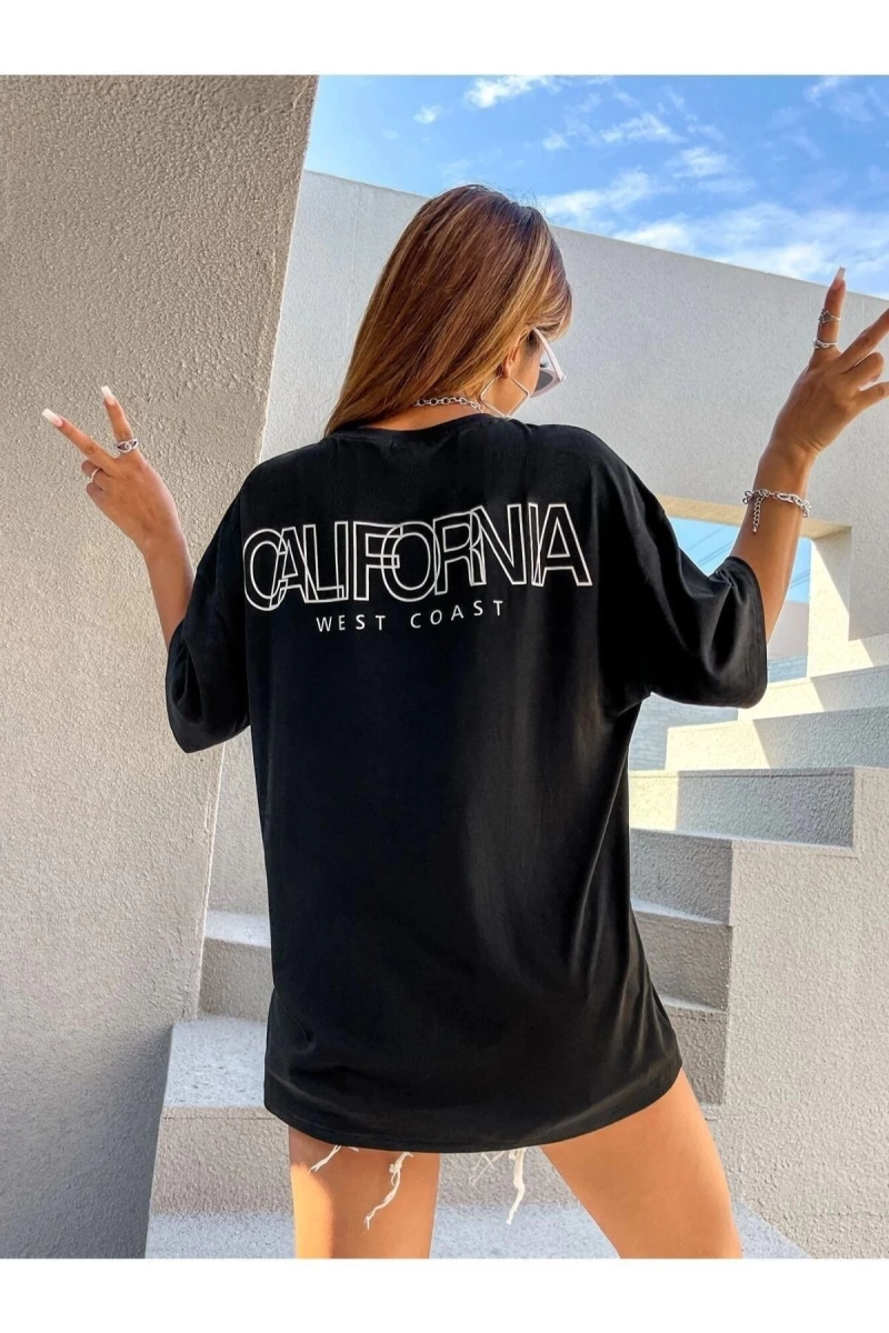 Kadın Siyah Calıfornıa West Coats Baskılı Oversize Bisiklet Yaka Tshirt