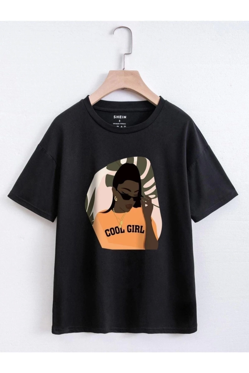 Kadın Siyah Cool Gırl Oversize Bisiklet Yaka Tshirt