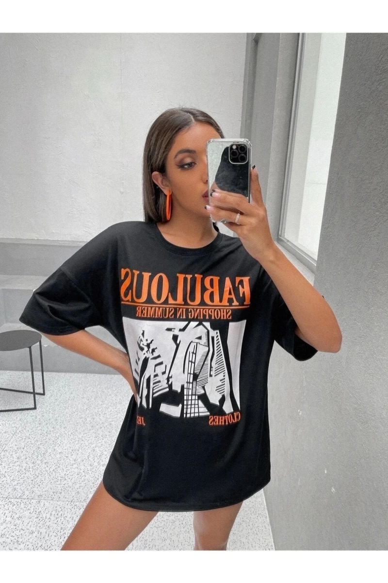 Kadın Siyah Fabulous Baskılı Oversize Bisiklet Yaka Tshirt