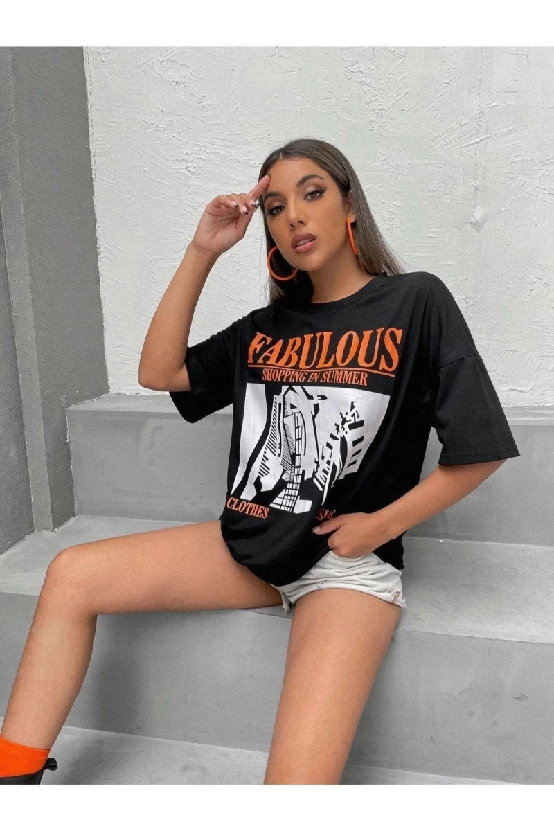 Kadın Siyah Fabulous Baskılı Oversize Bisiklet Yaka Tshirt