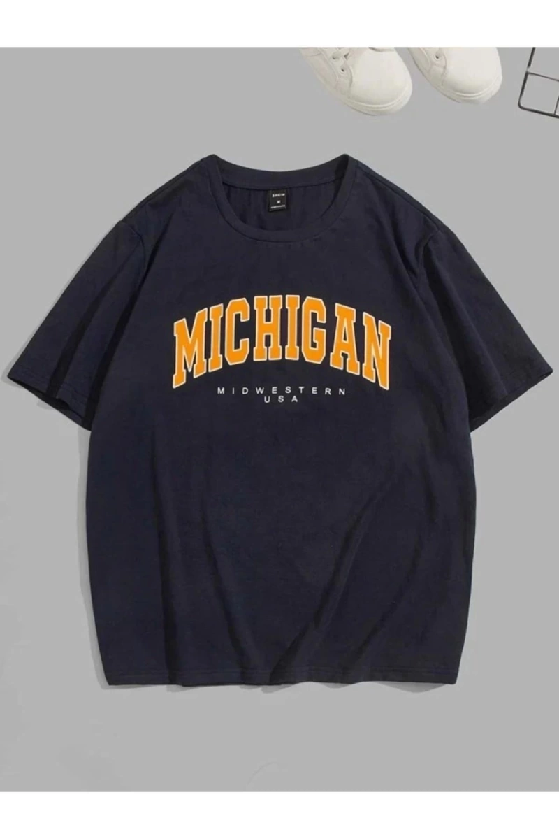 Kadın Siyah Mıchıgan Baskılı Oversize Bisiklet Yaka Tshirt