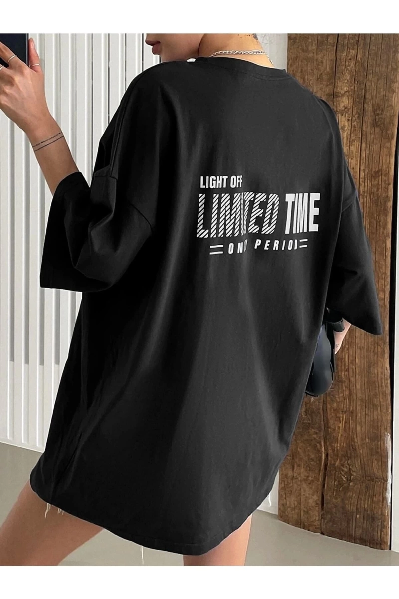 Kadın Siyah Oversize Limited Time Baskılı Tshirt