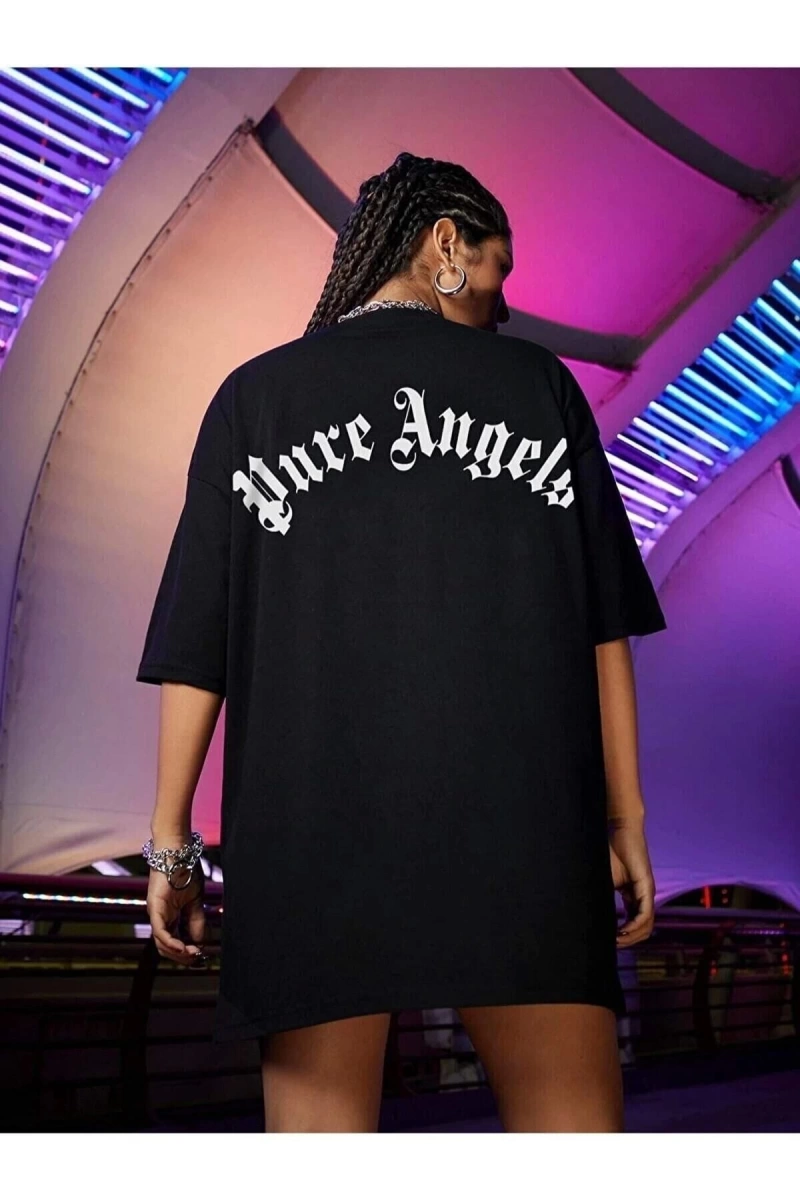 Kadın Siyah Pure Angels Baskılı Oversize Bisiklet Yaka Tişört
