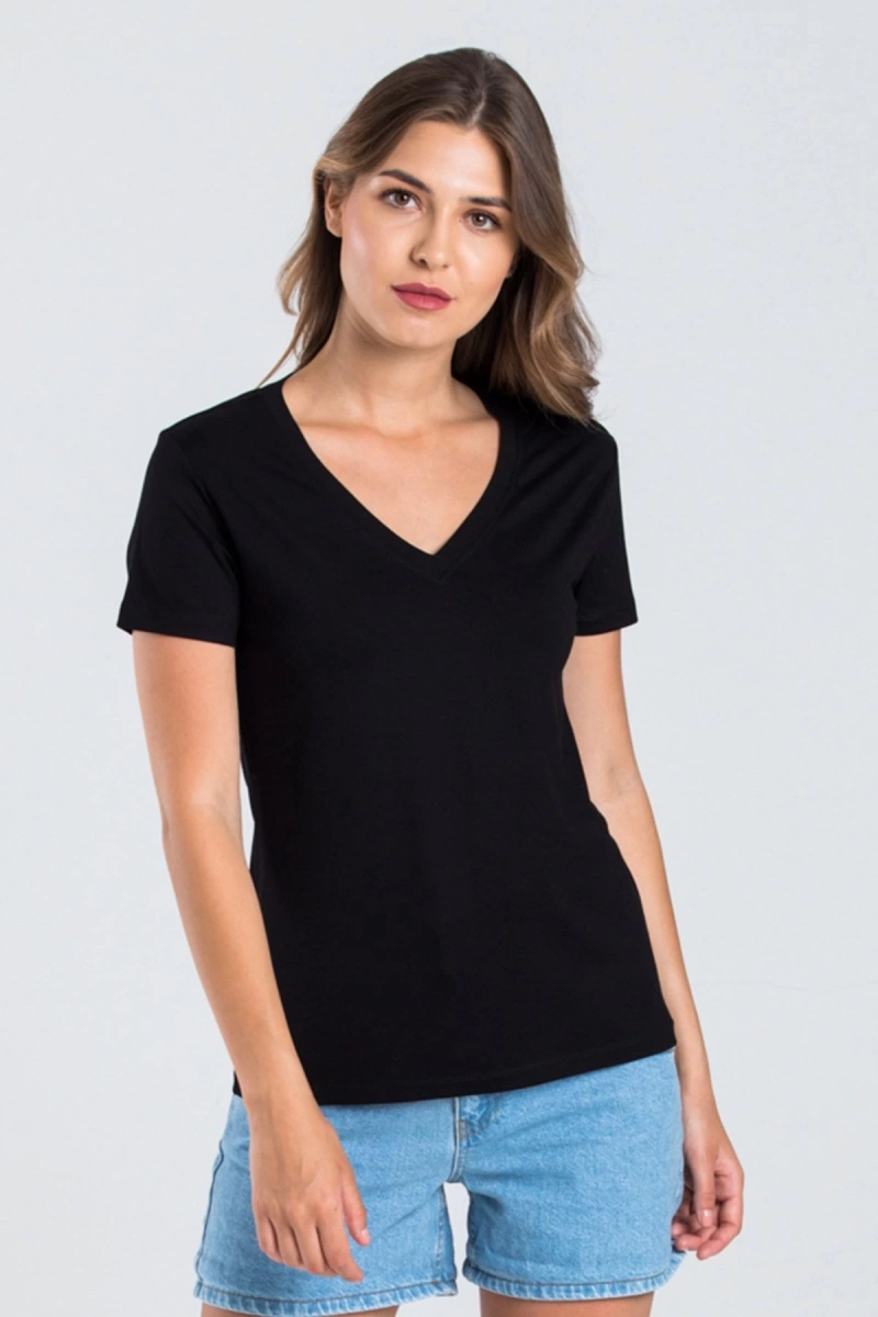 Kadın Siyah Renk V Yaka Kısa Kollu Viskon T-shirt