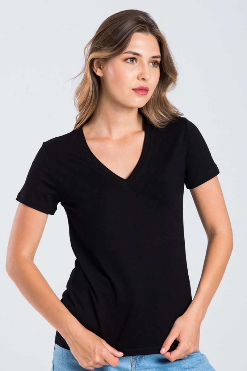 Kadın Siyah Renk V Yaka Kısa Kollu Viskon T-shirt