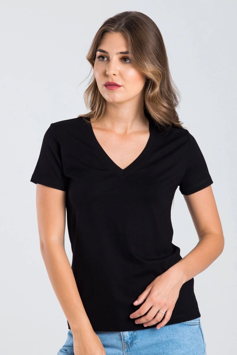 Kadın Siyah Renk V Yaka Kısa Kollu Viskon T-shirt