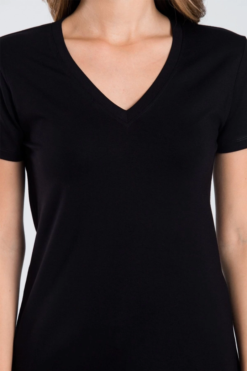 Kadın Siyah Renk V Yaka Kısa Kollu Viskon T-shirt