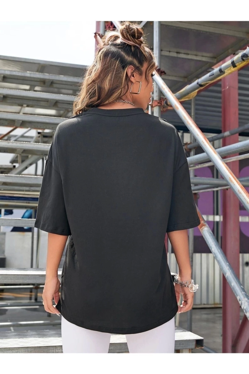 Kadın Siyah Rockıes Baskılı Oversize Bisiklet Yaka Tshirt