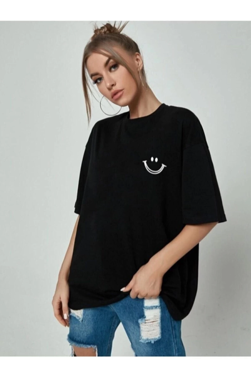 Kadın Siyah Smile Baskılı Oversize Bisiklet Yaka Kısa Kollu Tişört