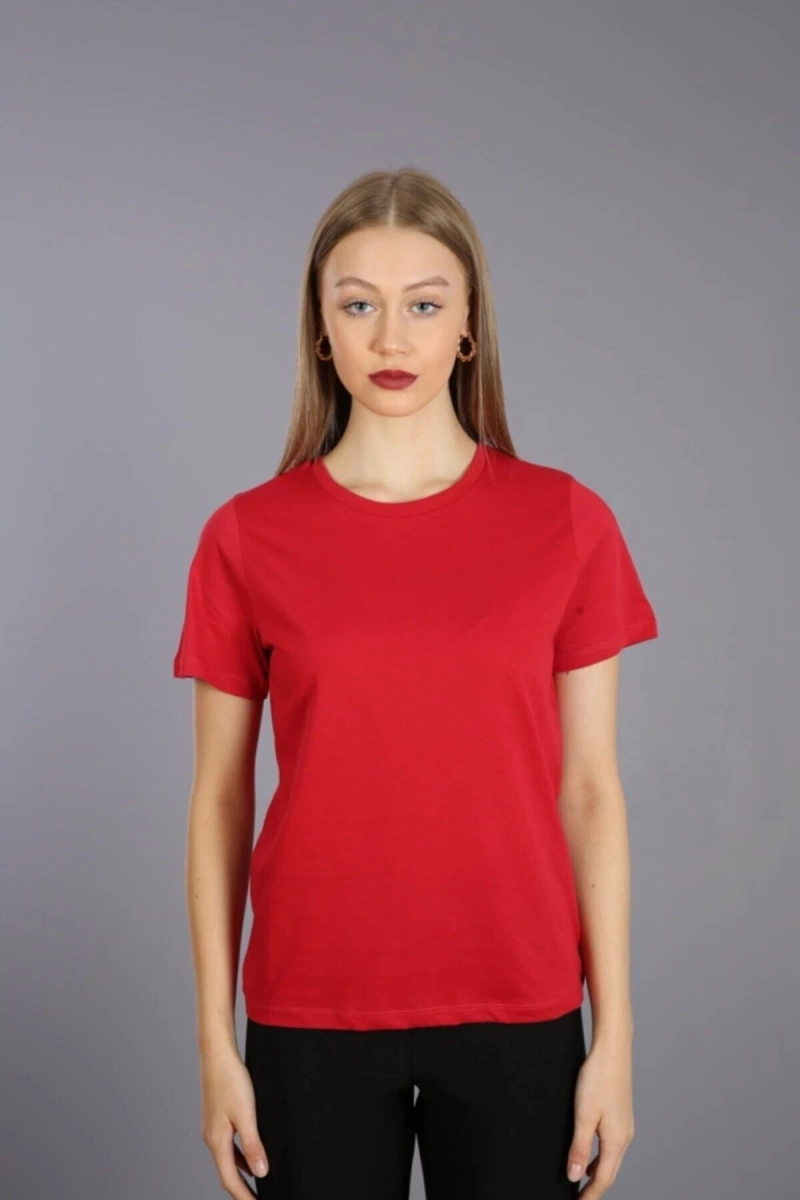 Kadın Slim Fit Yuvarlak Yaka Basic T-shirt Kırmızı