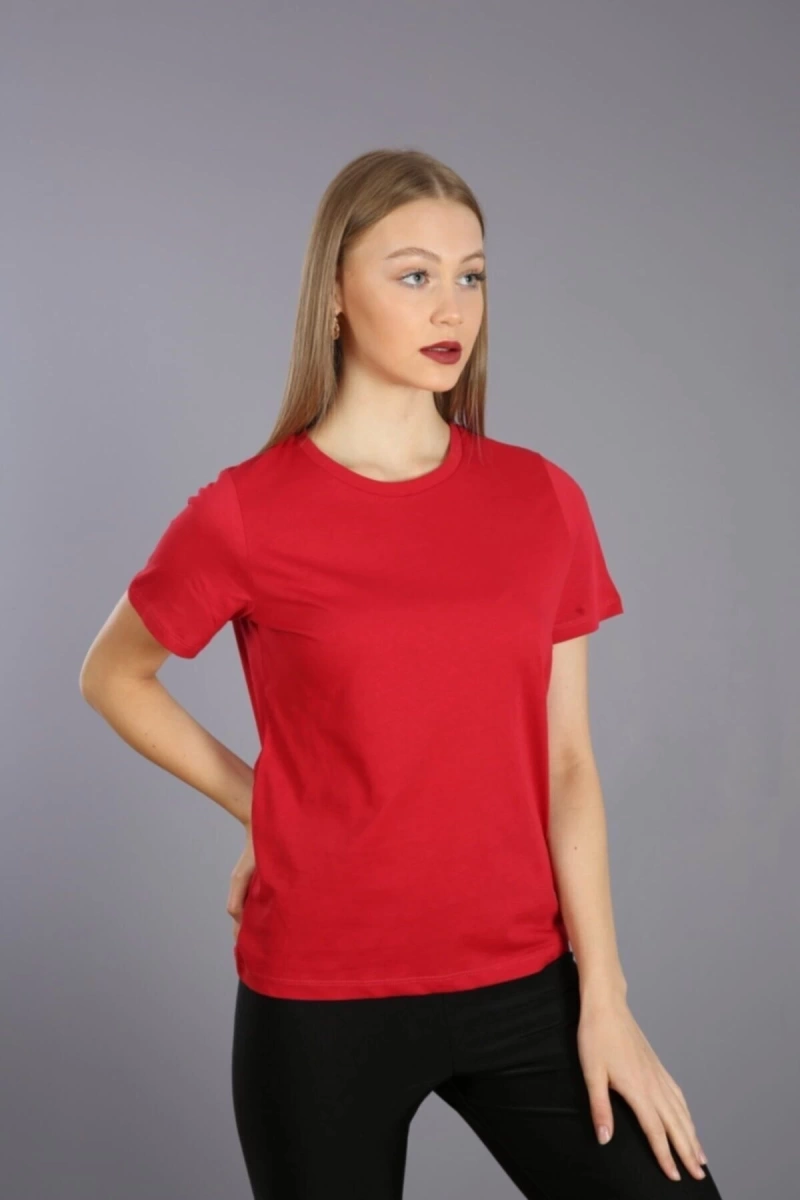 Kadın Slim Fit Yuvarlak Yaka Basic T-shirt Kırmızı