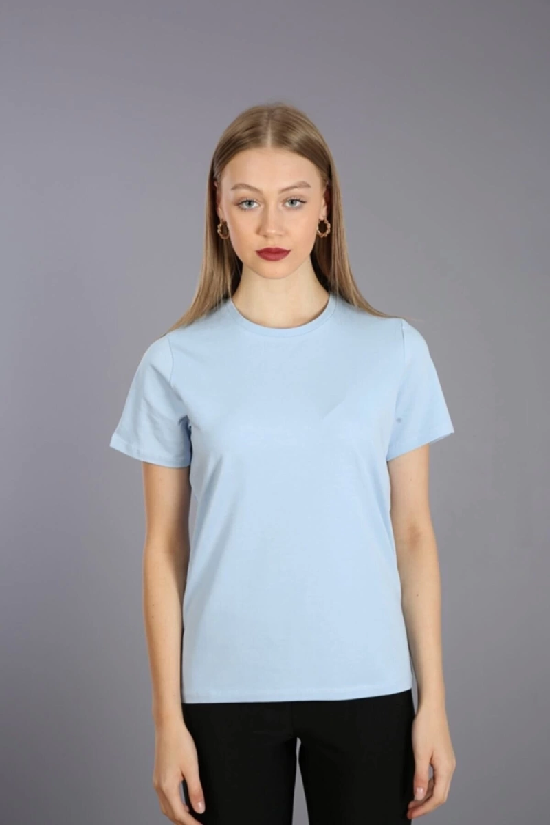 Kadın Slim Fit Yuvarlak Yaka Basic T-shirt Turkuaz