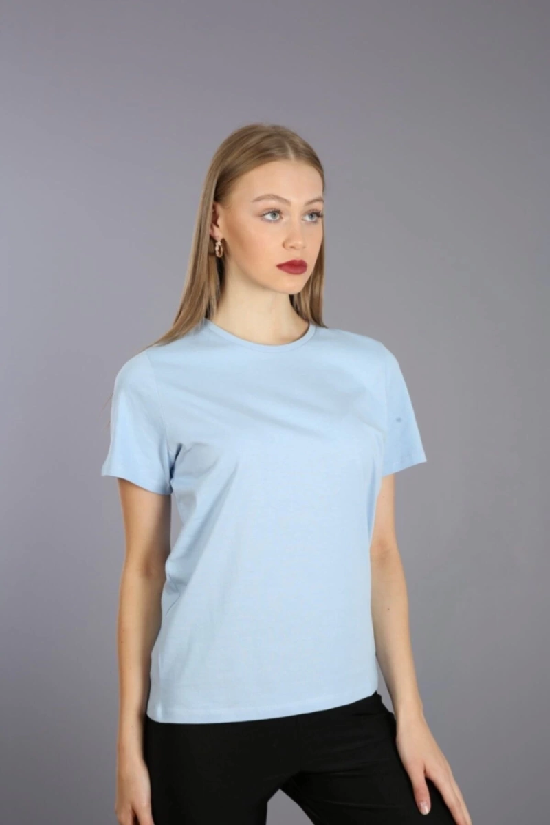 Kadın Slim Fit Yuvarlak Yaka Basic T-shirt Turkuaz