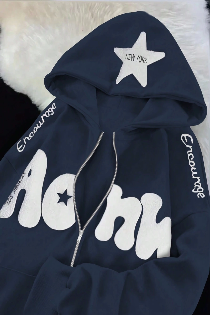 Kadın Sonbahar Ve Kış Mektup Baskılı Fermuarlı Pat Uzun Kollu Kapşonlu Sweatshirt, Uzu Model 5132