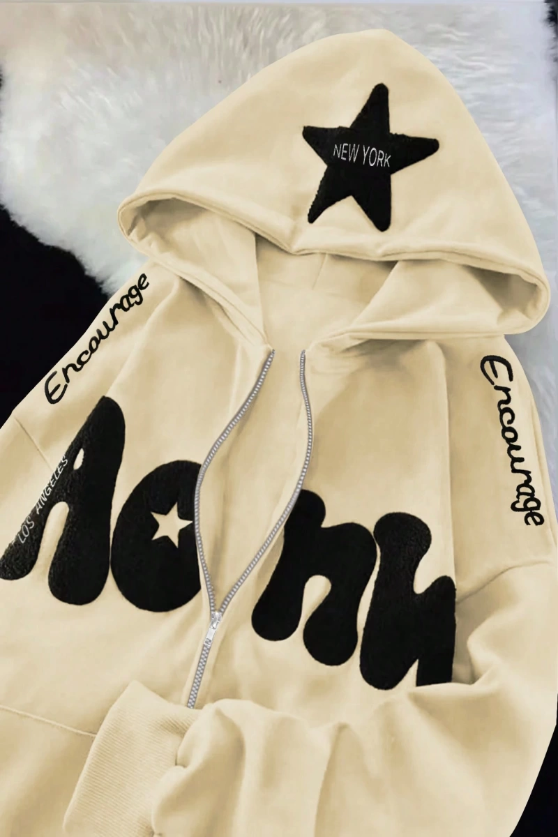Kadın Sonbahar Ve Kış Mektup Baskılı Fermuarlı Pat Uzun Kollu Kapşonlu Sweatshirt, Uzu Model 5132