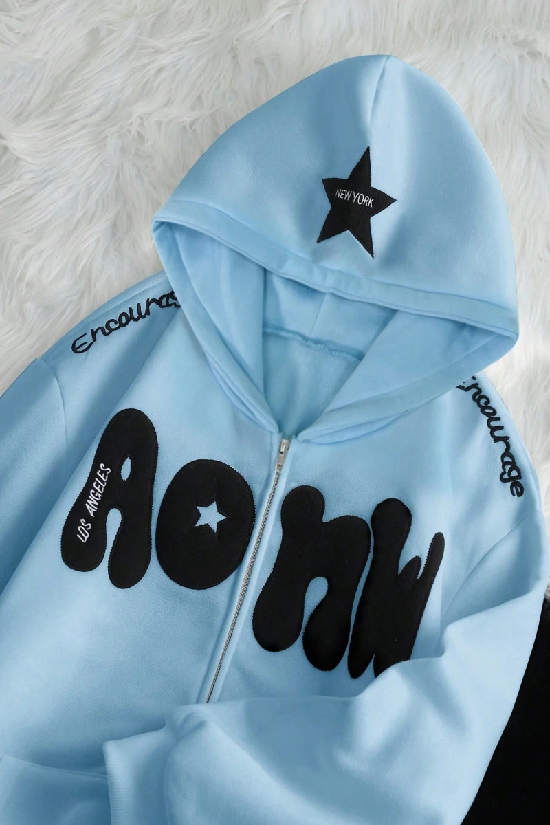 Kadın Sonbahar Ve Kış Mektup Baskılı Fermuarlı Pat Uzun Kollu Kapşonlu Sweatshirt, Uzu Model 5132