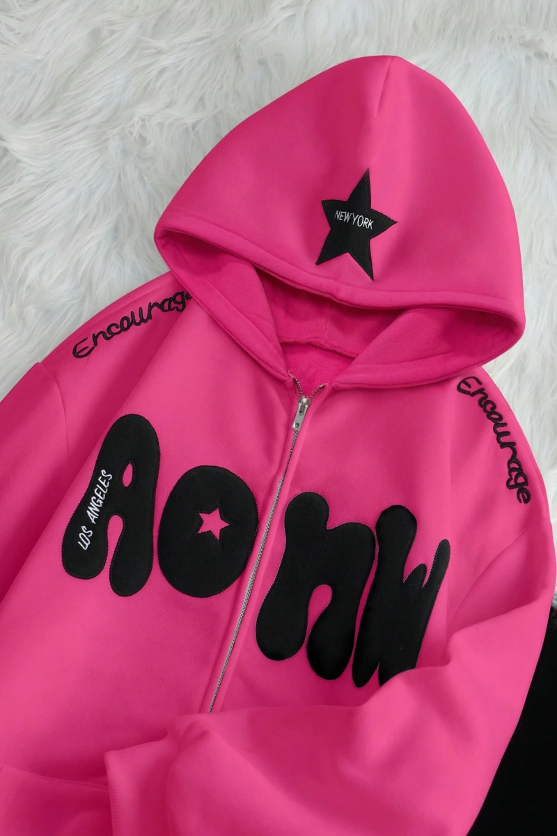 Kadın Sonbahar Ve Kış Mektup Baskılı Fermuarlı Pat Uzun Kollu Kapşonlu Sweatshirt, Uzu Model 5132