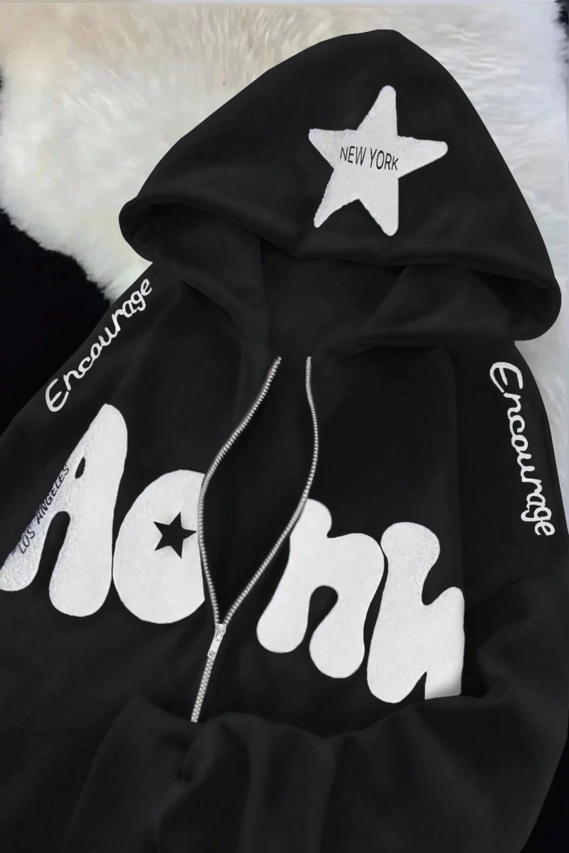 Kadın Sonbahar Ve Kış Mektup Baskılı Fermuarlı Pat Uzun Kollu Kapşonlu Sweatshirt, Uzu Model 5132
