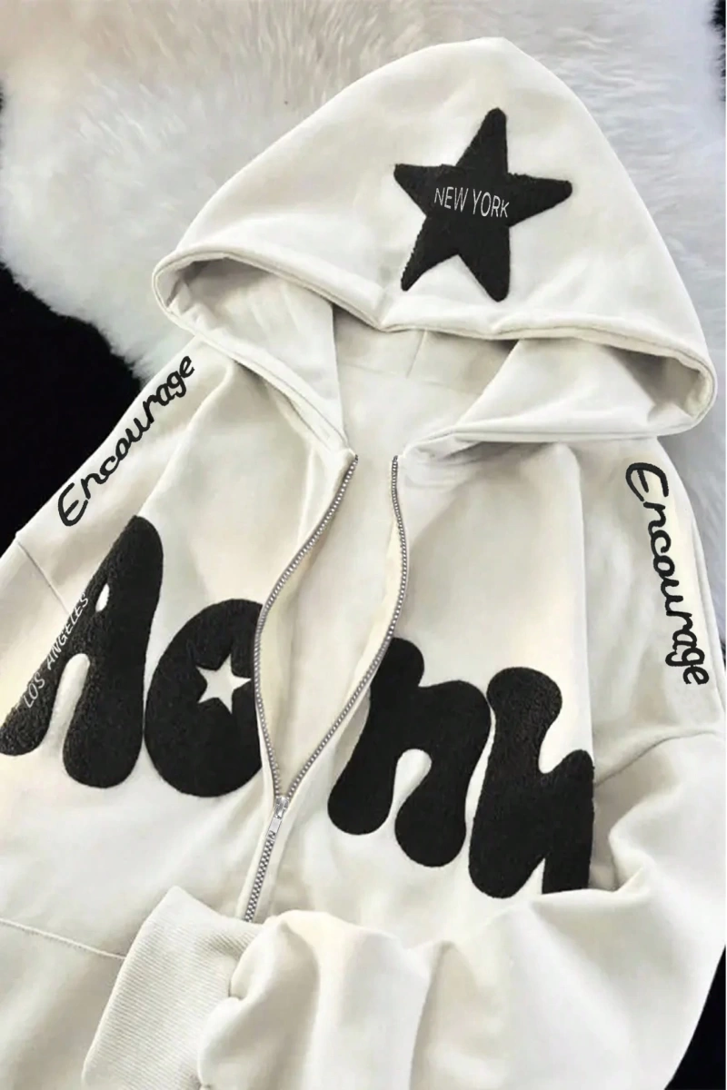 Kadın Sonbahar Ve Kış Mektup Baskılı Fermuarlı Pat Uzun Kollu Kapşonlu Sweatshirt, Uzu Model 5132