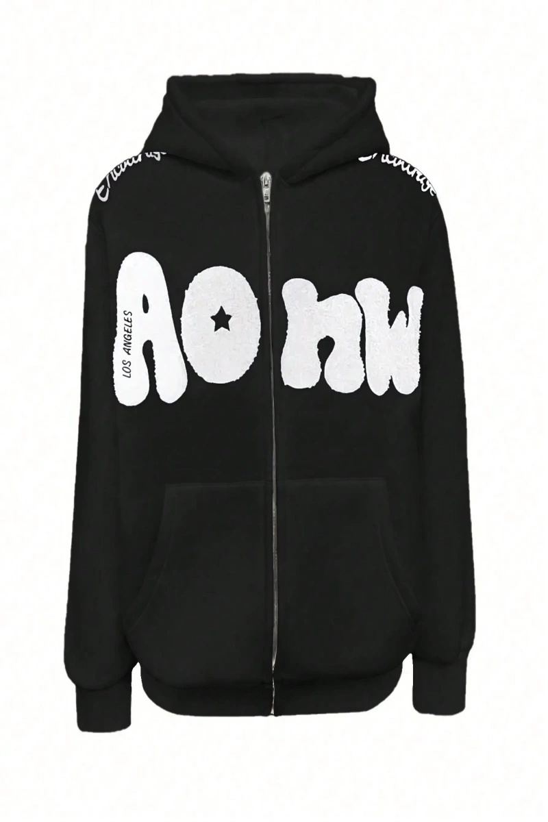 Kadın Sonbahar Ve Kış Mektup Baskılı Fermuarlı Pat Uzun Kollu Kapşonlu Sweatshirt, Uzu Model 5132