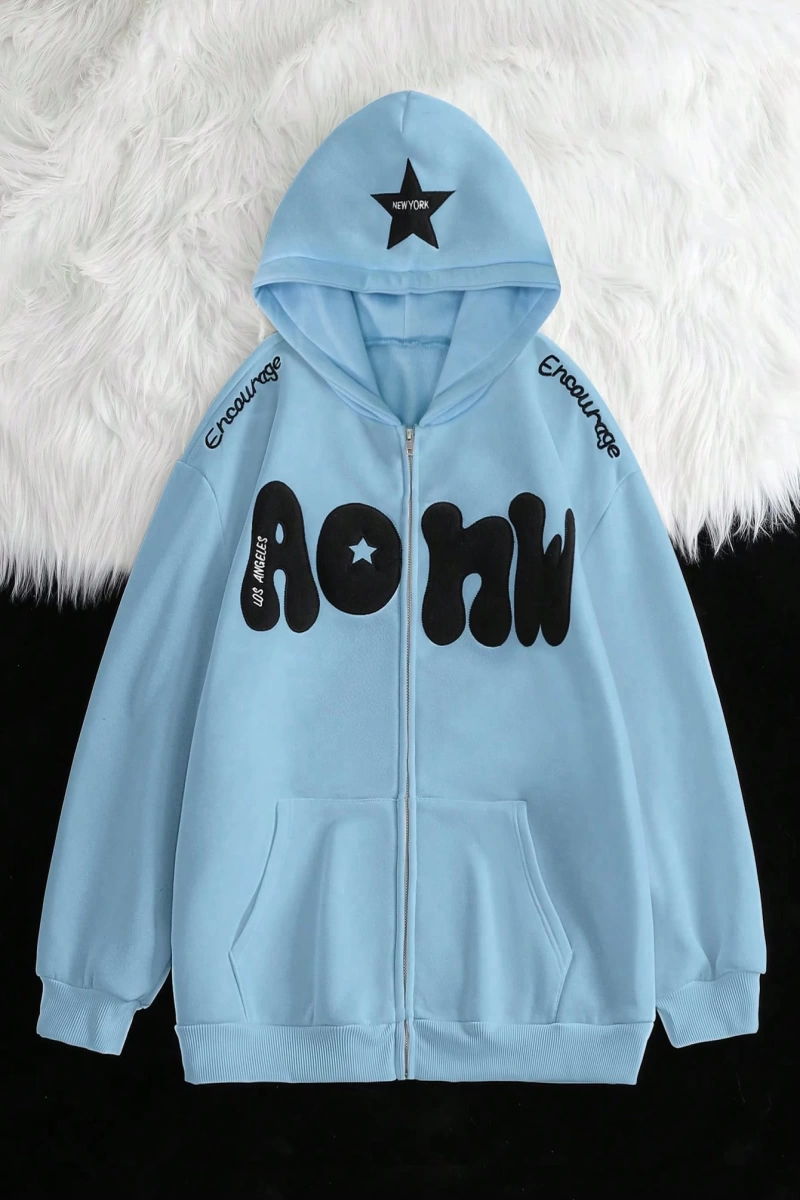 Kadın Sonbahar Ve Kış Mektup Baskılı Fermuarlı Pat Uzun Kollu Kapşonlu Sweatshirt, Uzu Model 5132