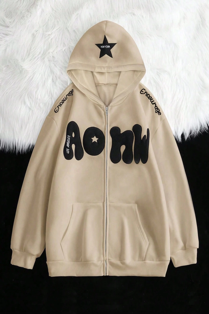 Kadın Sonbahar Ve Kış Mektup Baskılı Fermuarlı Pat Uzun Kollu Kapşonlu Sweatshirt, Uzu Model 5132