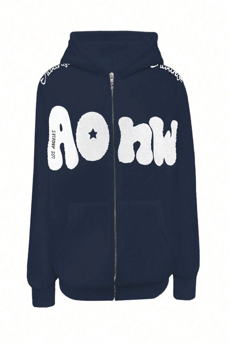 Kadın Sonbahar Ve Kış Mektup Baskılı Fermuarlı Pat Uzun Kollu Kapşonlu Sweatshirt, Uzu Model 5132