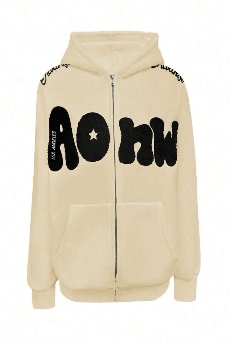Kadın Sonbahar Ve Kış Mektup Baskılı Fermuarlı Pat Uzun Kollu Kapşonlu Sweatshirt, Uzu Model 5132